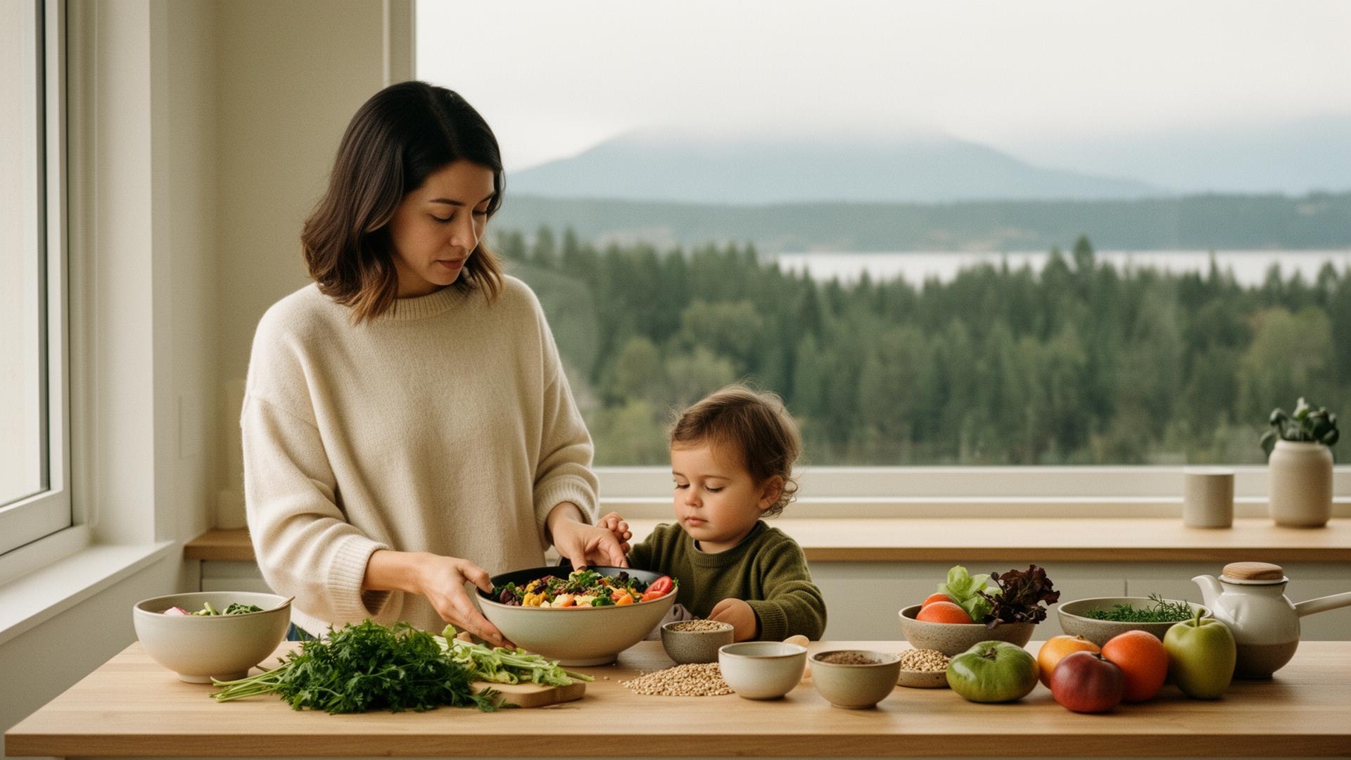 Madre e hijo cocinando juntos frente al lago Llanquihue